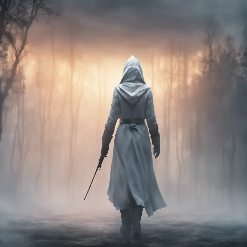 White hooded female assassin emerging from the fog of war, 8k, Bokeh effect, Volumetric Lighting, Vibrant Colors, Fantasy, Dark by Andy Fairhurst