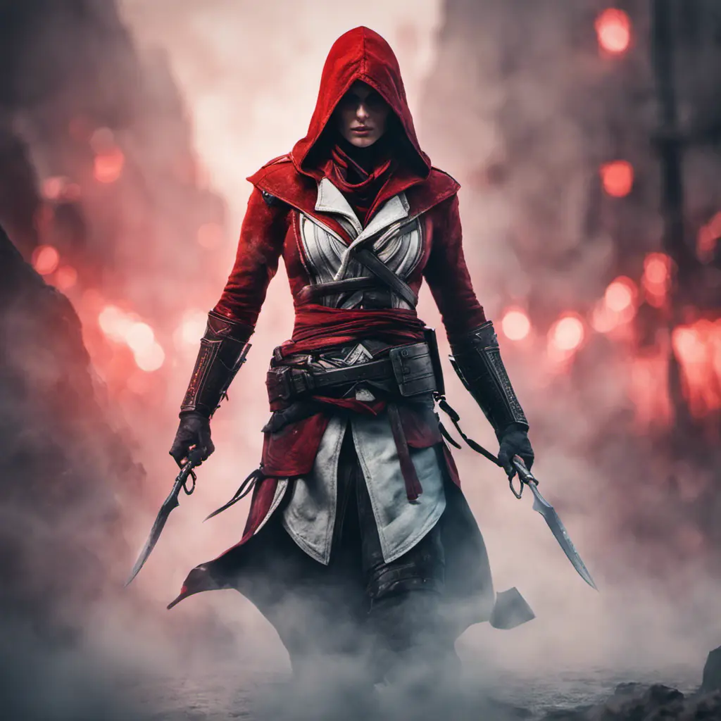 Red hooded Assassin's Creed female assassin emerging from the fog of battle, 8k, Bokeh effect, Volumetric Lighting, Vibrant Colors, Fantasy, Dark by Stefan Kostic