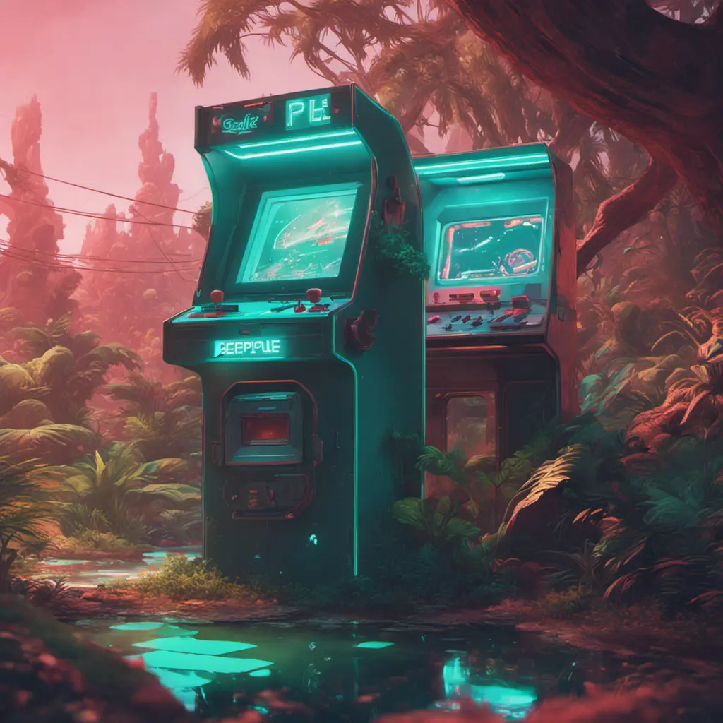 80s futuristic outdoor retro arcade, desolate, lush vegetation, Highly Detailed, Intricate, Artstation, Sharp Focus, Smooth, Octane Render, Centered, Dynamic, Elegant by Beeple, Justin Gerard, James Gilleard, Simon Stalenhag