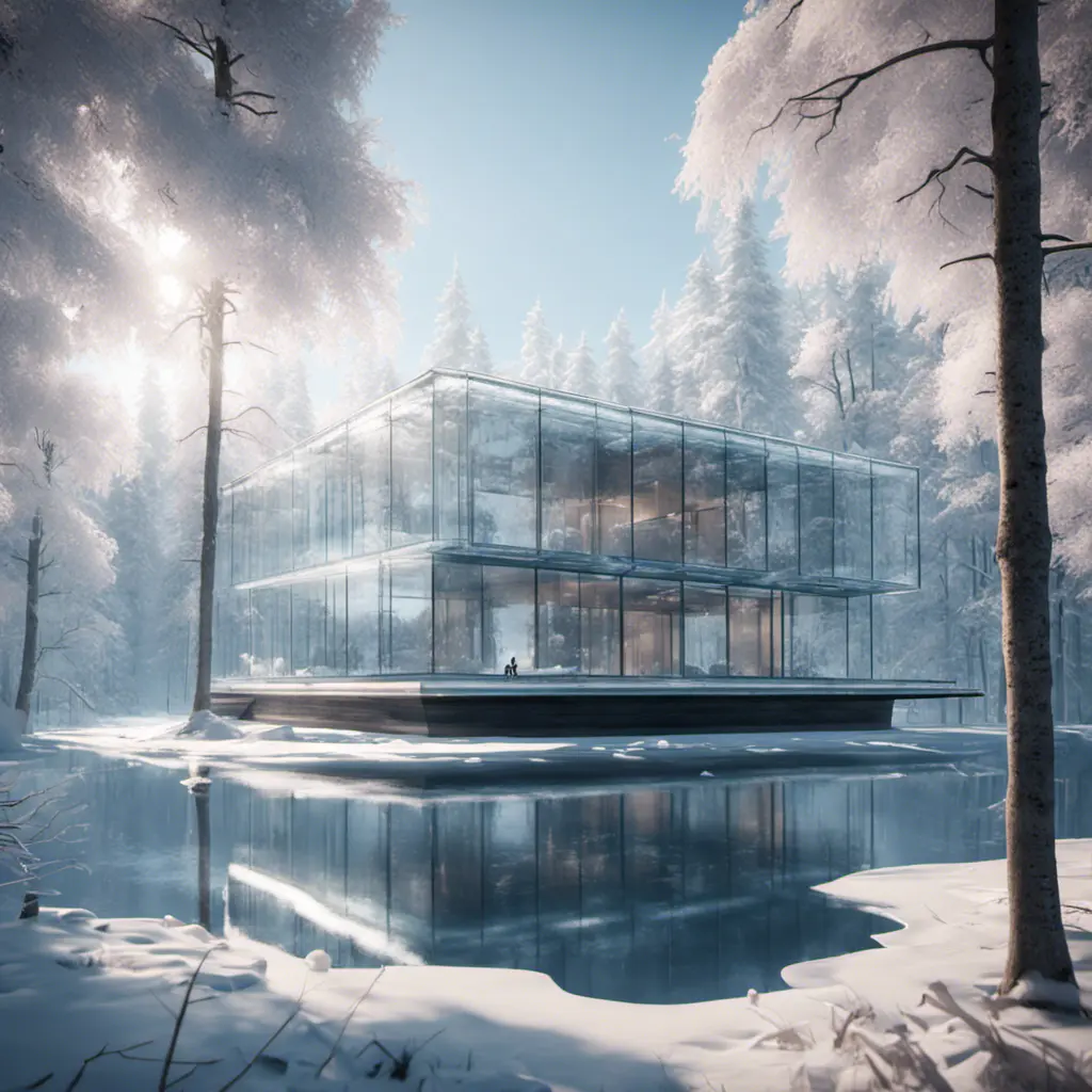 Beautiful futuristic architectural bright glass house in the forest on a giant frozen lake, 8k, Award-Winning, Highly Detailed, Beautiful, Epic, Octane Render, Unreal Engine, Radiant, Volumetric Lighting by Greg Rutkowski