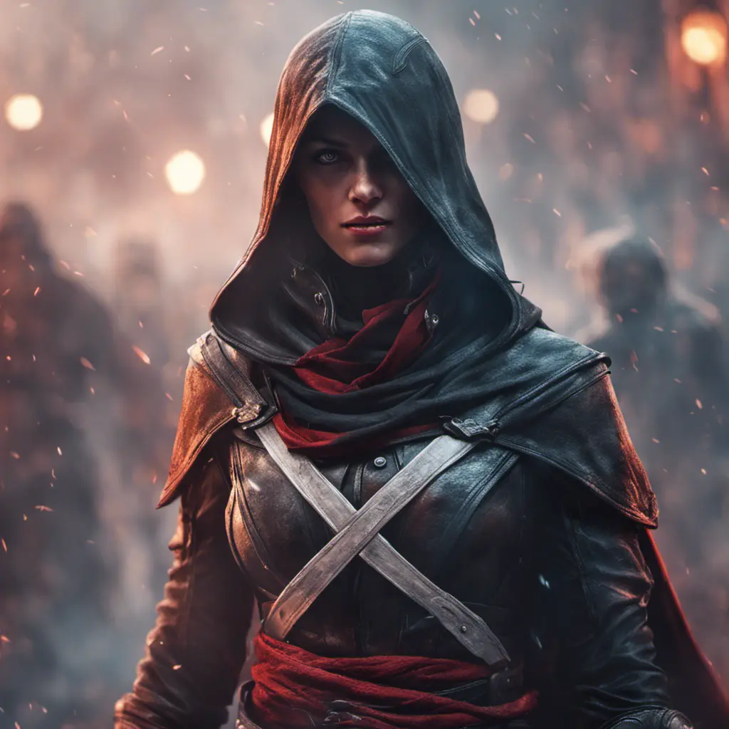 Assassin's Creed female assassin emerging from the fog of battle, 8k, Bokeh effect, Volumetric Lighting, Vibrant Colors, Fantasy, Dark by Stanley Artgerm Lau, Stefan Kostic