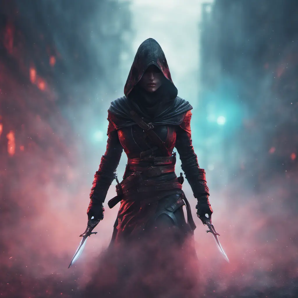 Black hooded Assassin's Creed female assassin emerging from the fog of battle, 8k, Bokeh effect, Volumetric Lighting, Vibrant Colors, Fantasy, Dark by Beeple, Stefan Kostic