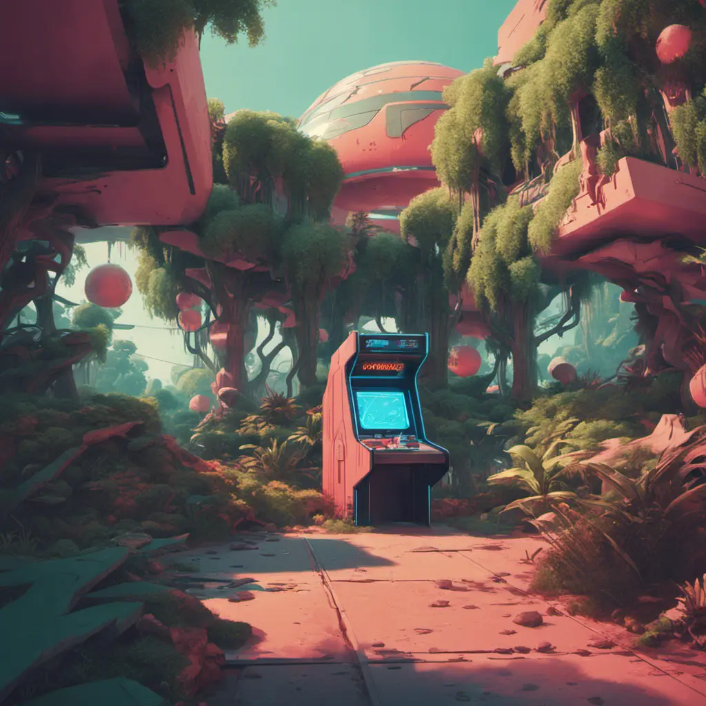 80s futuristic outdoor retro arcade, desolate, lush vegetation, Highly Detailed, Intricate, Artstation, Sharp Focus, Smooth, Octane Render, Centered, Dynamic, Elegant by Beeple, Justin Gerard, James Gilleard, Simon Stalenhag