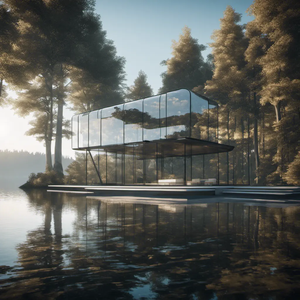 Beautiful futuristic architectural glass house in the forest on a large lake, 8k, Award-Winning, Highly Detailed, Beautiful, Epic, Octane Render, Unreal Engine, Radiant, Volumetric Lighting by Archillect