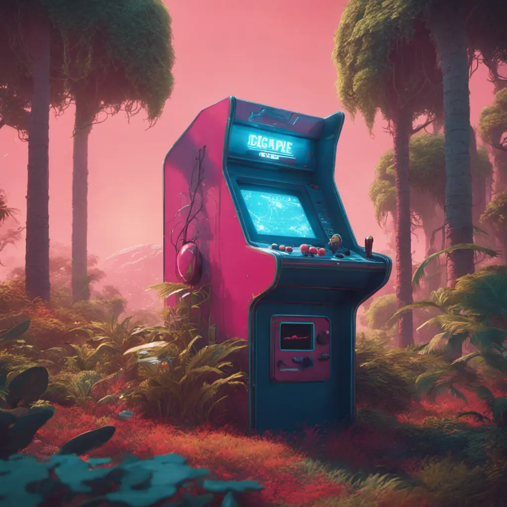 80s futuristic outdoor retro arcade, desolate, lush vegetation, Highly Detailed, Intricate, Artstation, Sharp Focus, Smooth, Octane Render, Centered, Dynamic, Elegant by Beeple, Justin Gerard, James Gilleard, Simon Stalenhag