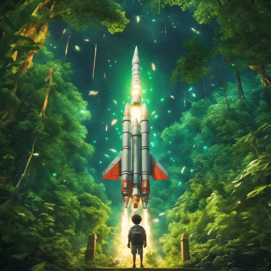 Studio ghibli, rocket explosion, jungle, solar, green technology, optimist future, 8k, Bokeh effect, Cinematic Lighting, Iridescence, Vibrant by Greg Rutkowski, WLOP