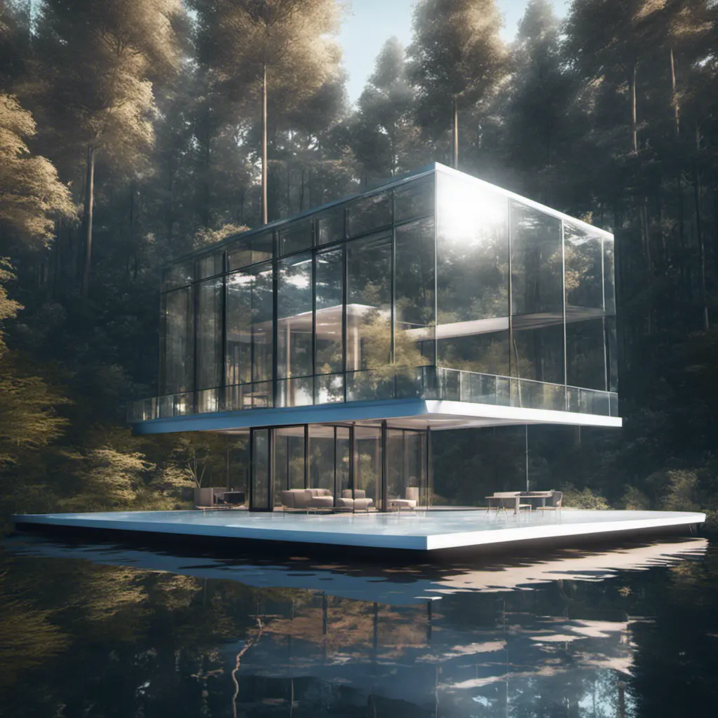 Beautiful futuristic architectural glass house in the forest on a large lake, 8k, Award-Winning, Highly Detailed, Beautiful, Epic, Octane Render, Unreal Engine, Radiant, Volumetric Lighting by Archillect