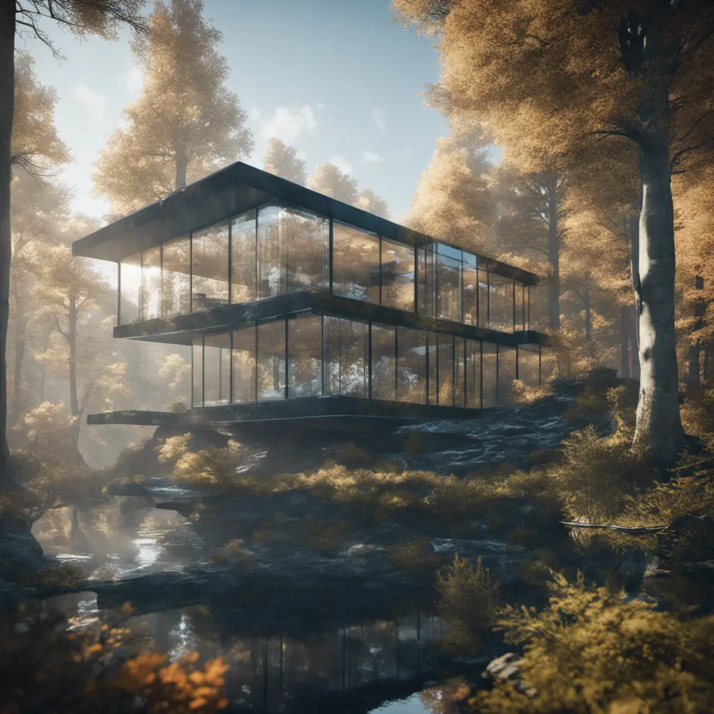 Beautiful futuristic architectural glass house in the forest on a large lake, 8k, Award-Winning, Highly Detailed, Beautiful, Epic, Octane Render, Unreal Engine, Radiant, Volumetric Lighting by Archillect