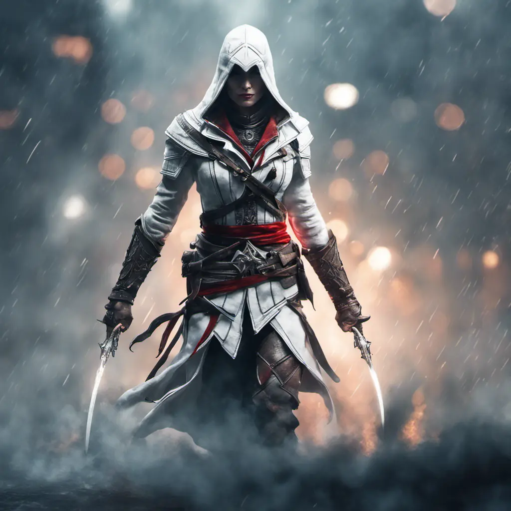 White hooded Assassin's Creed female assassin emerging from the fog of battle, 8k, Bokeh effect, Volumetric Lighting, Vibrant Colors, Fantasy, Dark by Greg Rutkowski, Stefan Kostic