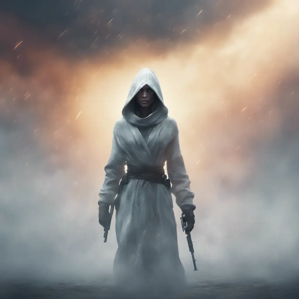 White hooded female assassin emerging from the fog of war, 8k, Bokeh effect, Volumetric Lighting, Vibrant Colors, Fantasy, Dark by Andy Fairhurst