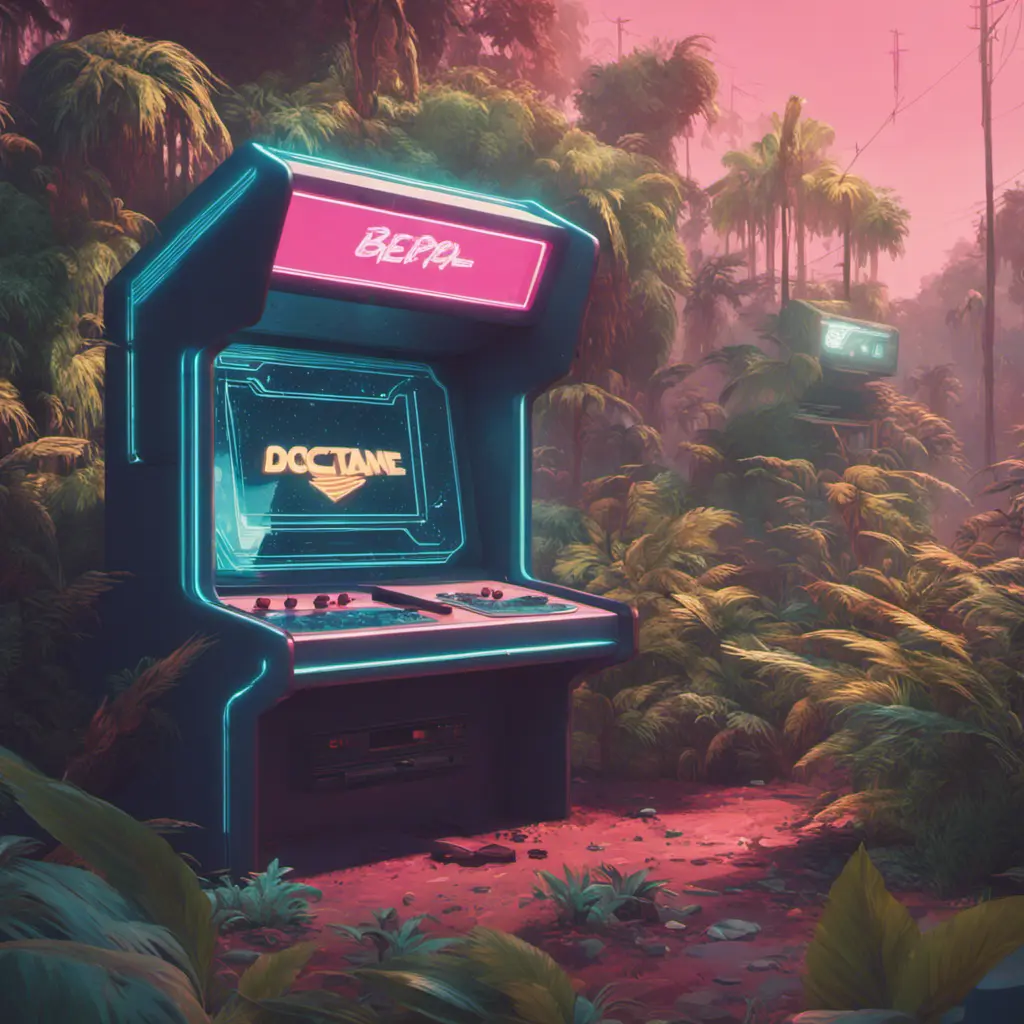 80s futuristic outdoor retro arcade, desolate, lush vegetation, Highly Detailed, Intricate, Artstation, Sharp Focus, Smooth, Octane Render, Centered, Dynamic, Elegant by Beeple, Justin Gerard, James Gilleard, Simon Stalenhag