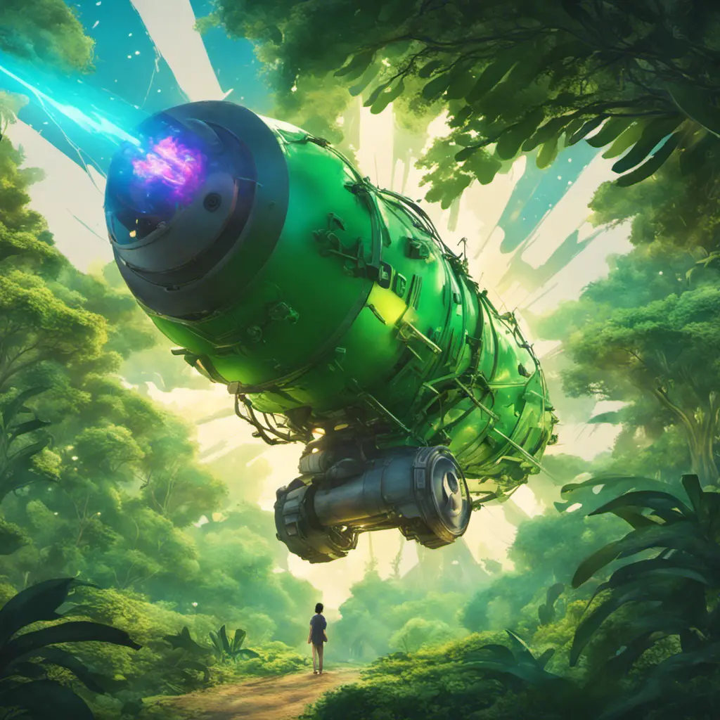 Studio ghibli, rocket explosion, jungle, solar, green technology, optimist future, 8k, Bokeh effect, Cinematic Lighting, Iridescence, Vibrant by Greg Rutkowski