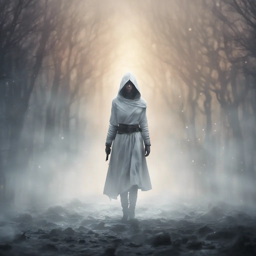 White hooded female assassin emerging from the fog of war, 8k, Bokeh effect, Volumetric Lighting, Vibrant Colors, Fantasy, Dark by Andy Fairhurst