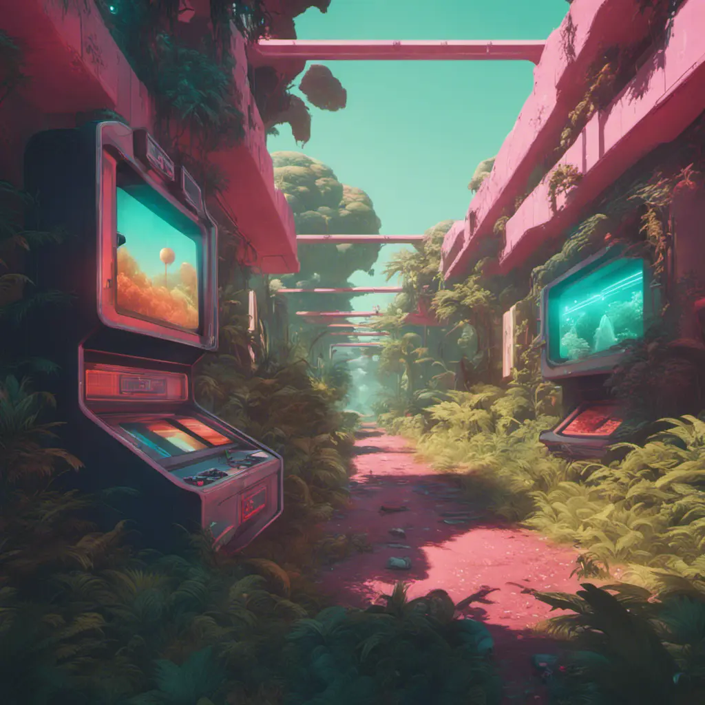 80s futuristic outdoor retro arcade, desolate, lush vegetation, Highly Detailed, Intricate, Artstation, Sharp Focus, Smooth, Octane Render, Centered, Dynamic, Elegant by Beeple, Justin Gerard, James Gilleard, Simon Stalenhag