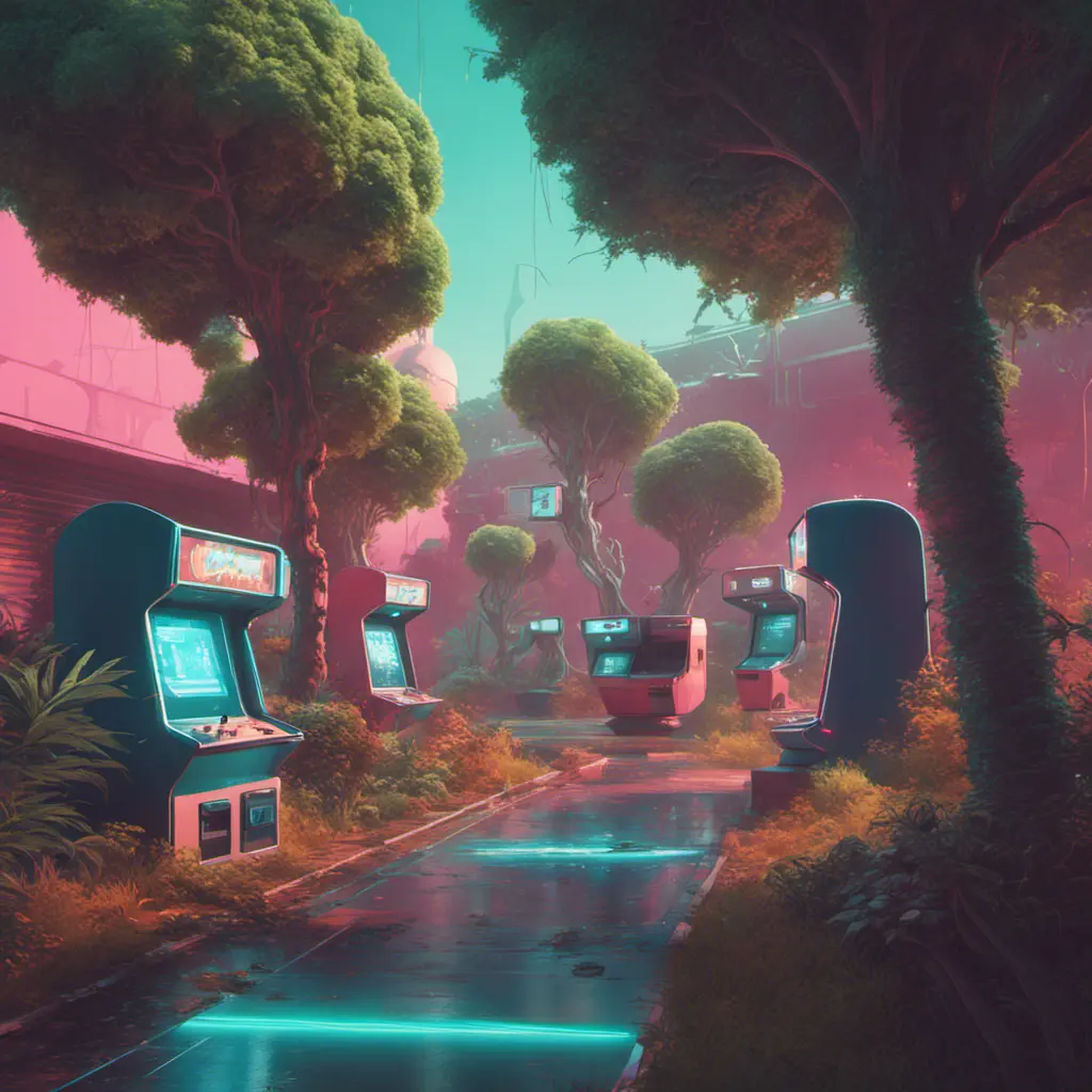 80s futuristic outdoor retro arcade, desolate, lush vegetation, Highly Detailed, Intricate, Artstation, Sharp Focus, Smooth, Octane Render, Centered, Dynamic, Elegant by Beeple, Justin Gerard, James Gilleard, Simon Stalenhag