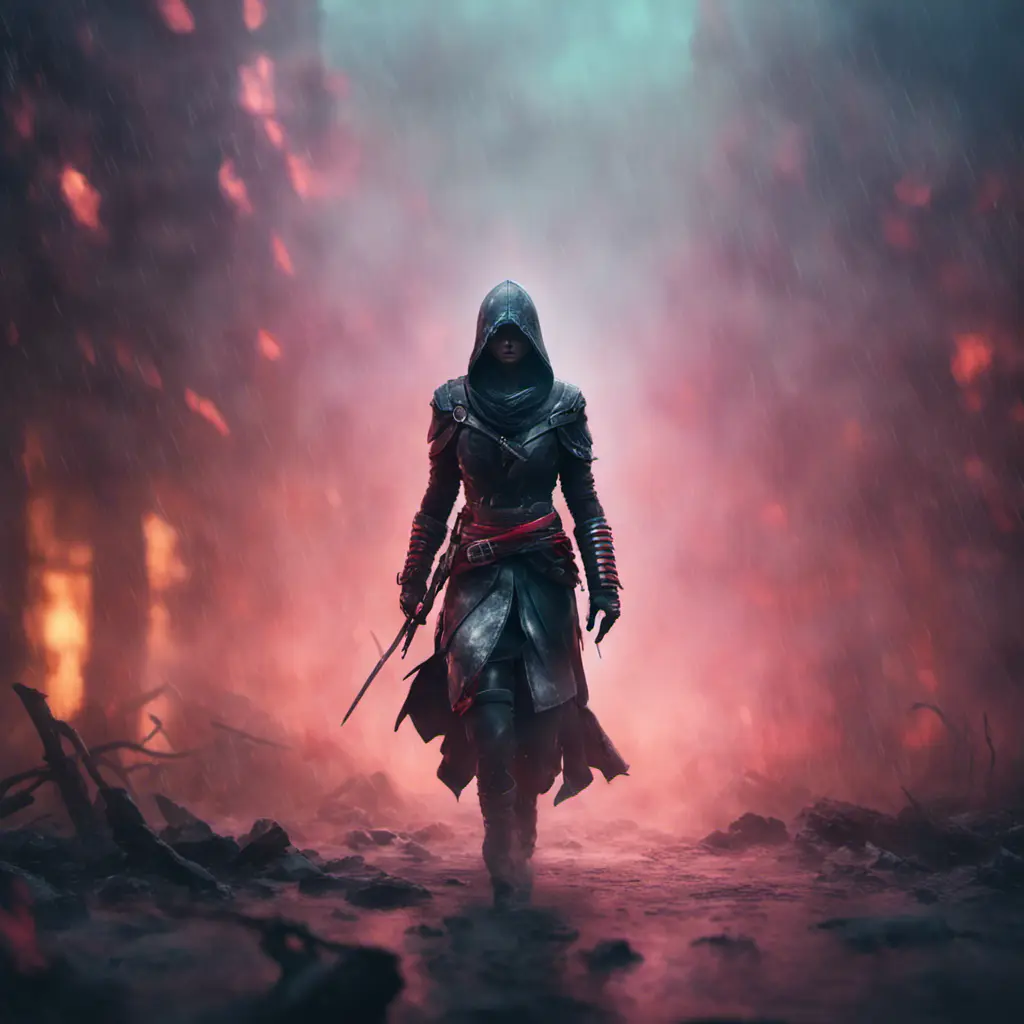 Black hooded Assassin's Creed female assassin emerging from the fog of battle, 8k, Bokeh effect, Volumetric Lighting, Vibrant Colors, Fantasy, Dark by Beeple, Stefan Kostic