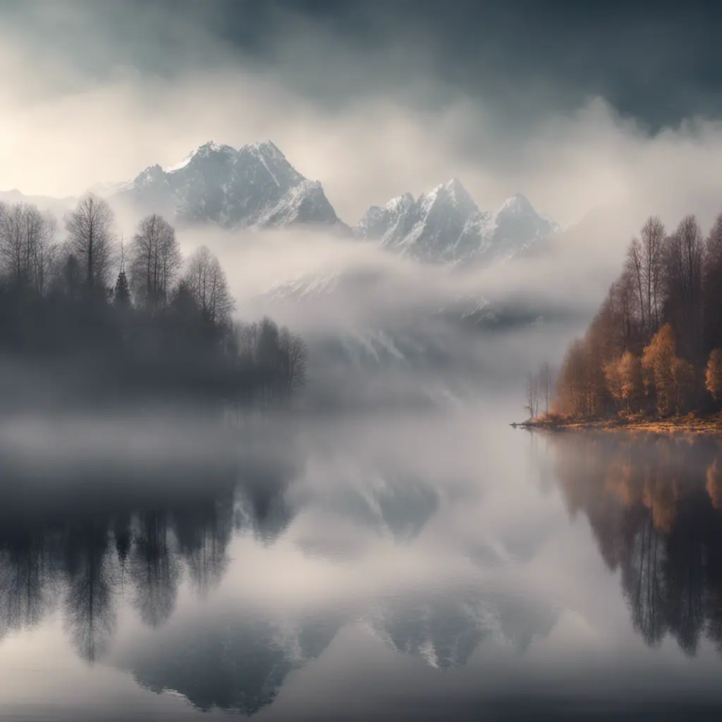 Snowy peaks Alps in fog near a lake surrounded by trees , Bokeh effect, Volumetric Lighting