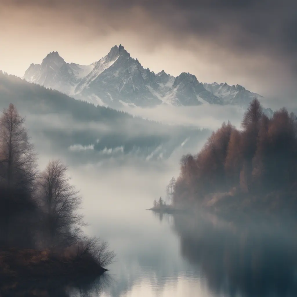 Snowy peaks Alps in fog near a lake surrounded by trees , Bokeh effect, Volumetric Lighting
