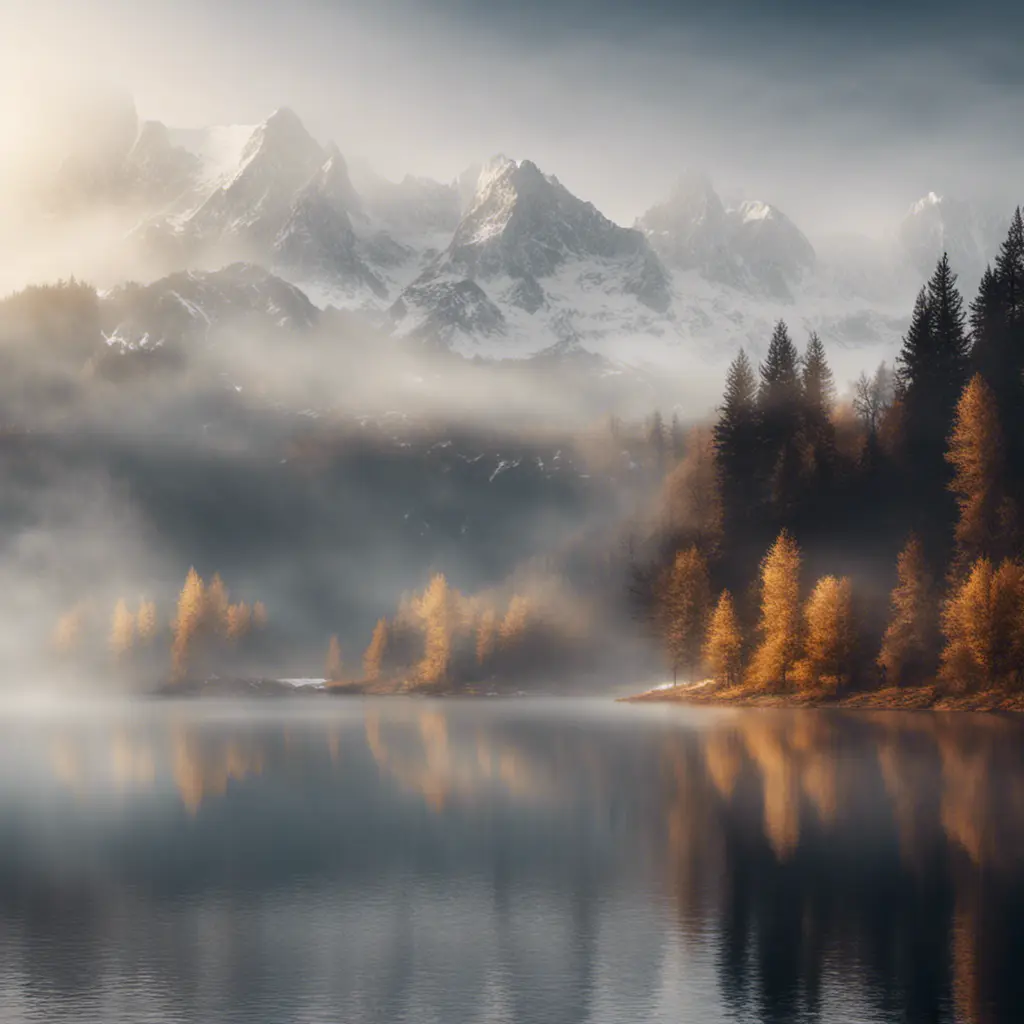 Snowy peaks Alps in fog near a lake surrounded by trees , Bokeh effect, Volumetric Lighting