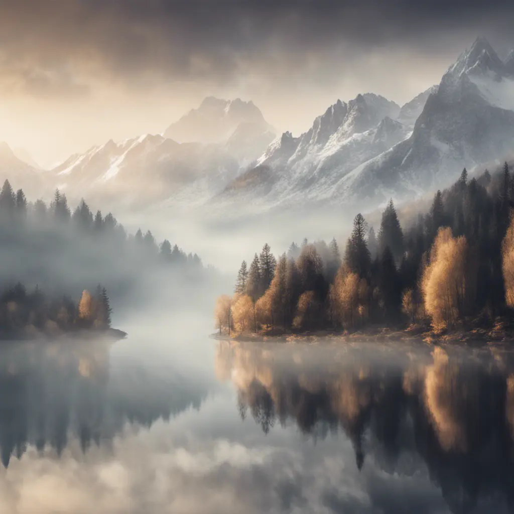 Snowy peaks Alps in fog near a lake surrounded by trees , Bokeh effect, Volumetric Lighting