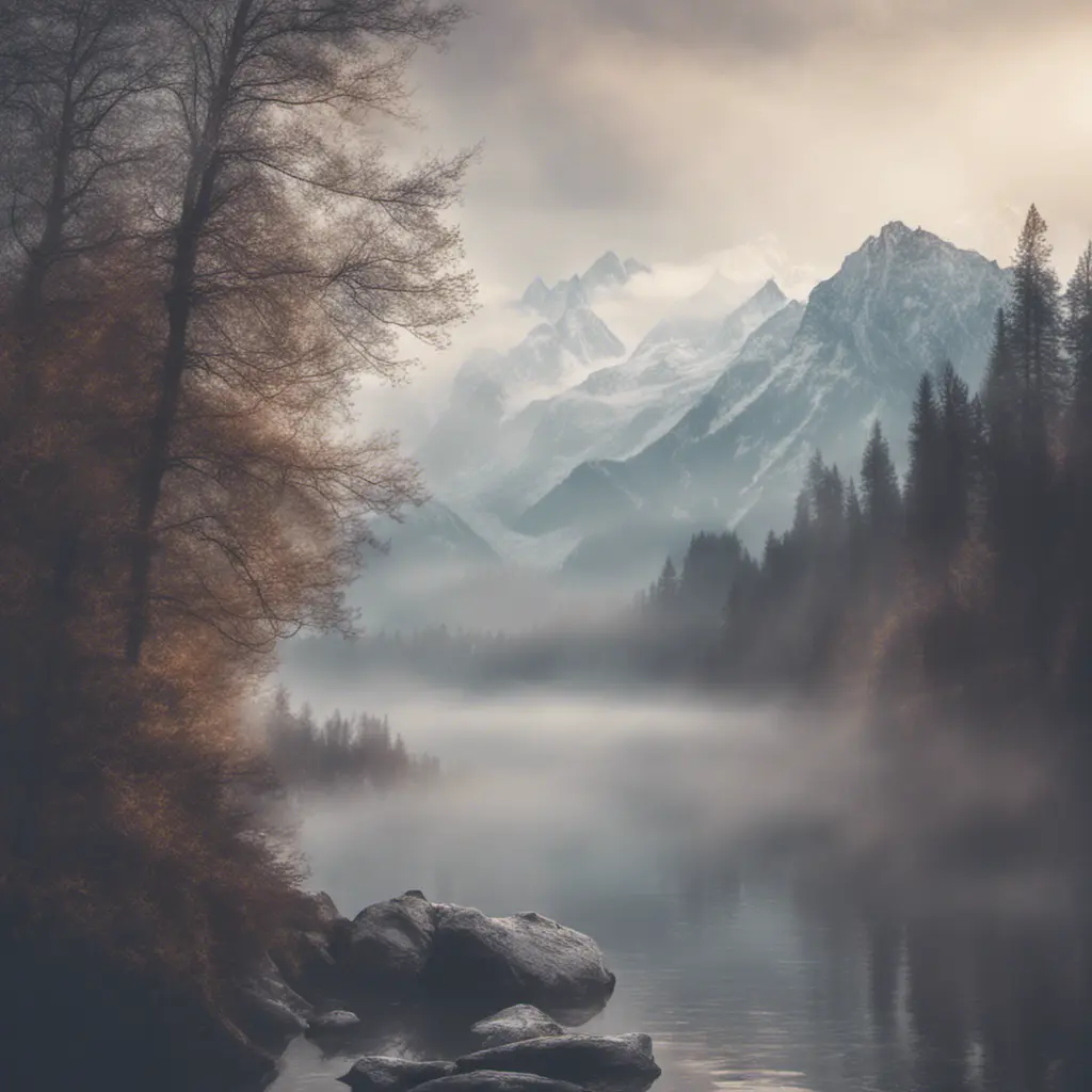 Snowy peaks Alps in fog near a lake surrounded by trees , Bokeh effect, Volumetric Lighting