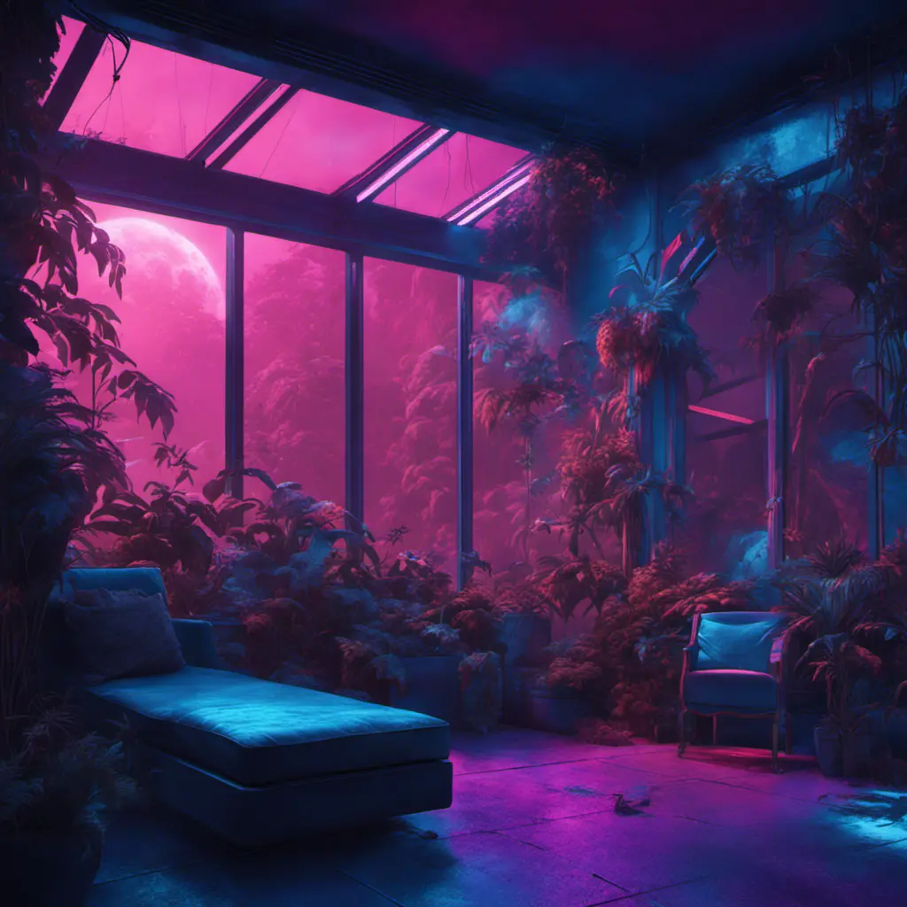 A beautiful render of a blue city sunroom, galactic alien synthwave rainforest noir thermal imaging myst uv light, flowers, Highly Detailed, Cinematic Lighting, Neon, Concept Art