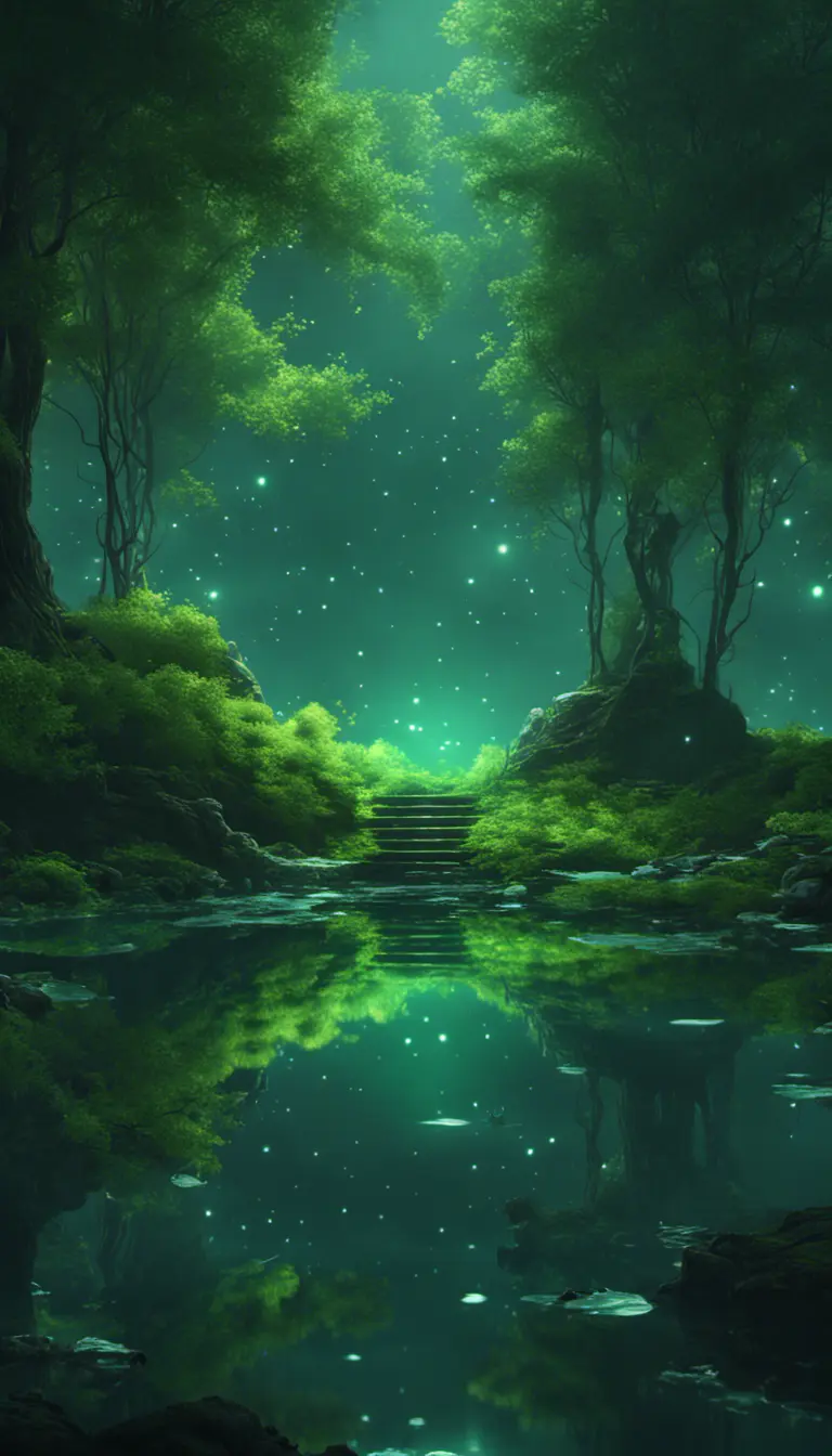 A magical pond in a fantasy forest with glowing green trees at night, 4k, HQ, Intricate, Artstation, Cinematic Lighting, Photo Realistic, Sharp Focus, Unreal Engine, Dark
