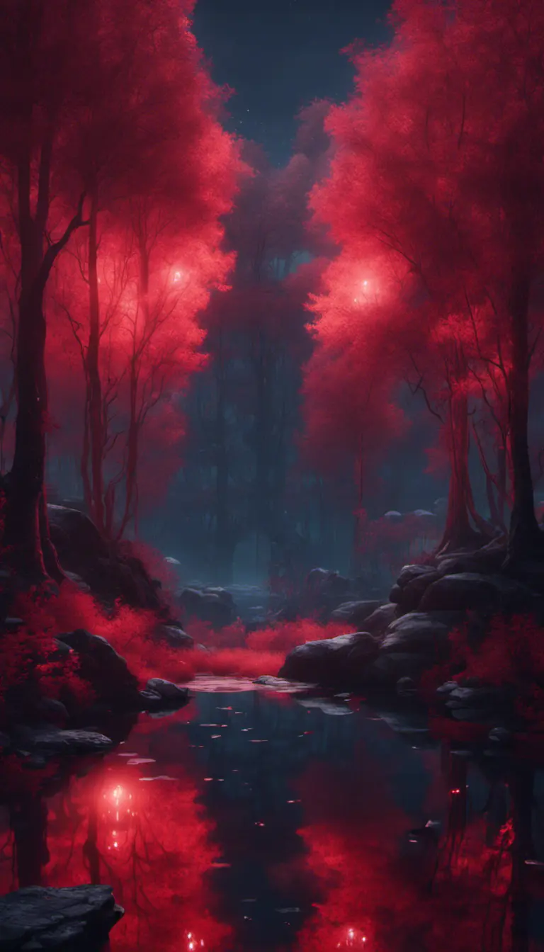 A magical pond in a fantasy forest with glowing red trees at night, 4k, HQ, Intricate, Artstation, Cinematic Lighting, Photo Realistic, Sharp Focus, Unreal Engine, Dark