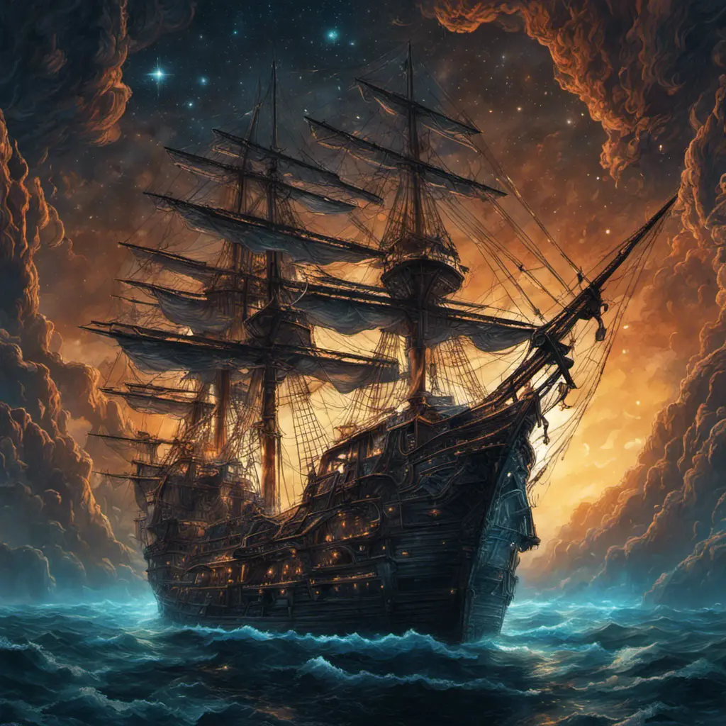 Pirate Ship, Intricate, Ultra Detailed, Symmetry, Beautiful, Sharp Focus, Astrophotography, Centered, Volumetric Lighting by Dan Mumford, Marc Simonetti