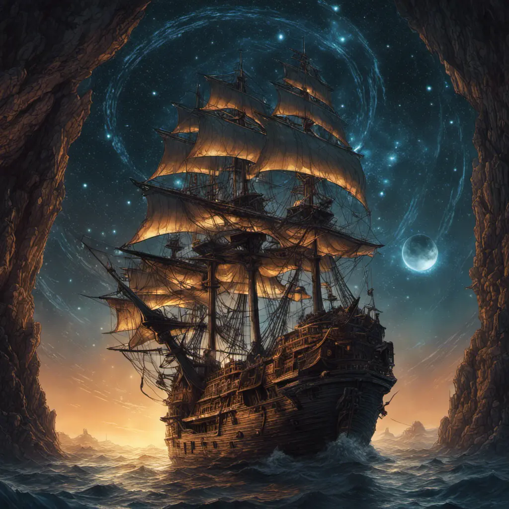 Pirate Ship, Intricate, Ultra Detailed, Symmetry, Beautiful, Sharp Focus, Astrophotography, Centered, Volumetric Lighting by Dan Mumford, Marc Simonetti