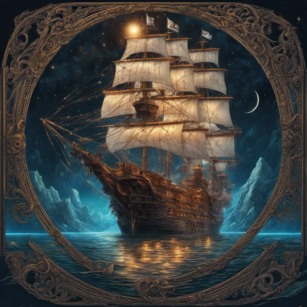 Pirate Ship, Intricate, Ultra Detailed, Symmetry, Beautiful, Sharp Focus, Astrophotography, Centered, Volumetric Lighting by Dan Mumford, Marc Simonetti