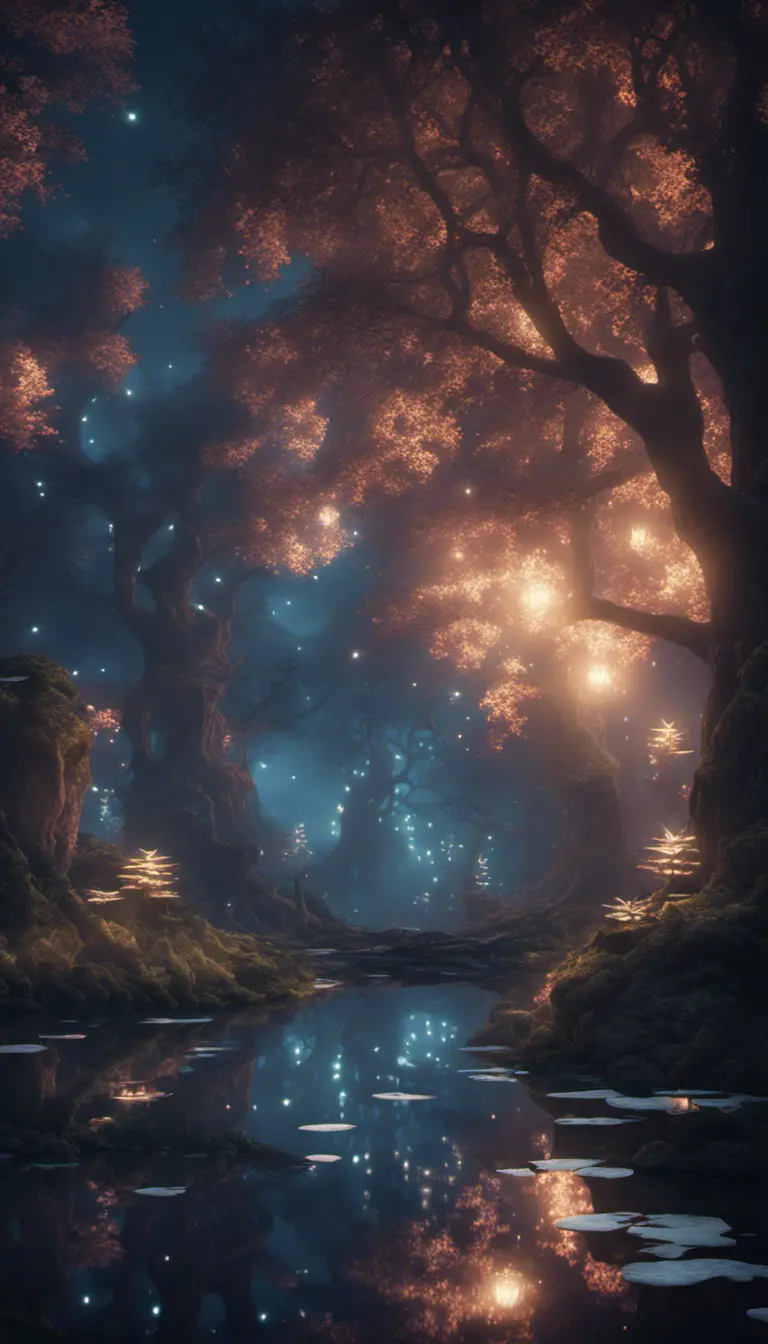 A magical pond in a fantasy forest with glowing trees at night, 4k, HQ, Intricate, Artstation, Cinematic Lighting, Photo Realistic, Sharp Focus, Unreal Engine, Dark