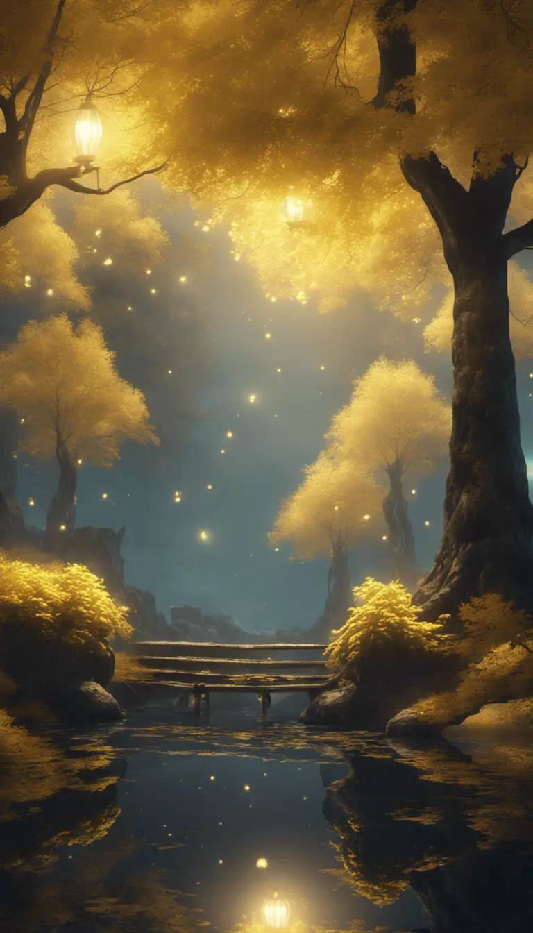 A magical pond in a fantasy forest with glowing yellow trees at night, 4k, HQ, Intricate, Artstation, Cinematic Lighting, Photo Realistic, Sharp Focus, Unreal Engine, Dark