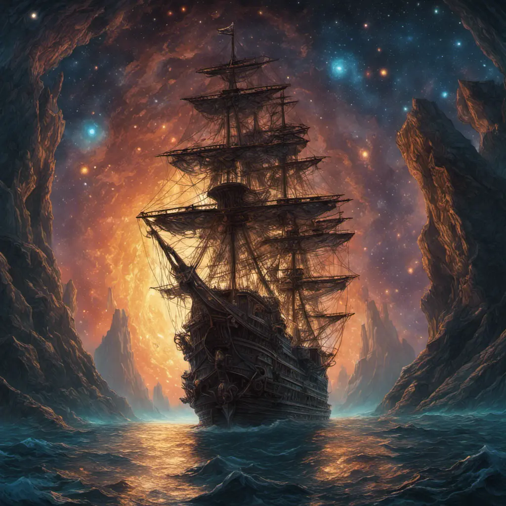 Pirate Ship, Intricate, Ultra Detailed, Symmetry, Beautiful, Sharp Focus, Astrophotography, Centered, Volumetric Lighting by Dan Mumford, Marc Simonetti
