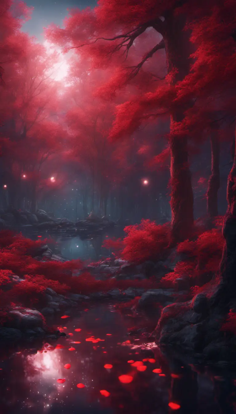 A magical pond in a fantasy forest with glowing red trees at night, 4k, HQ, Intricate, Artstation, Cinematic Lighting, Photo Realistic, Sharp Focus, Unreal Engine, Dark
