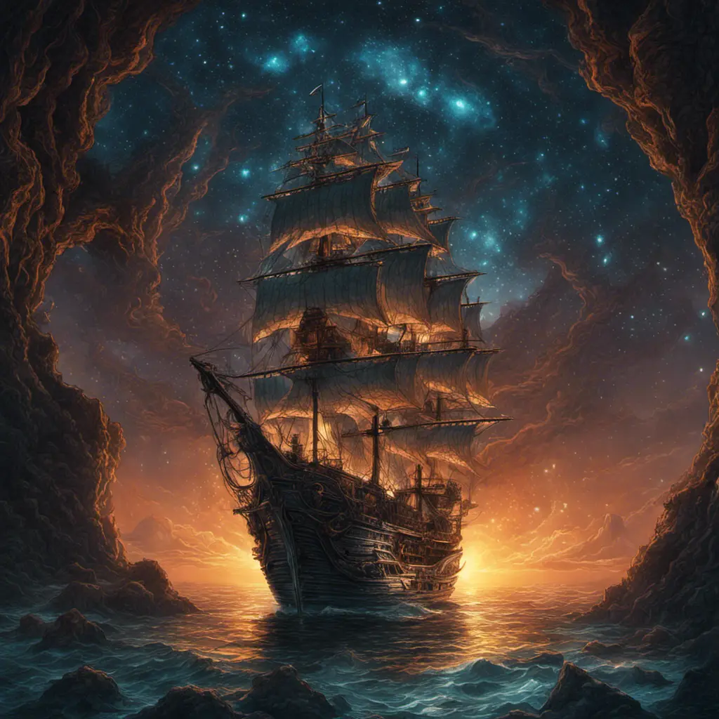 Pirate Ship, Intricate, Ultra Detailed, Symmetry, Beautiful, Sharp Focus, Astrophotography, Centered, Volumetric Lighting by Dan Mumford, Marc Simonetti