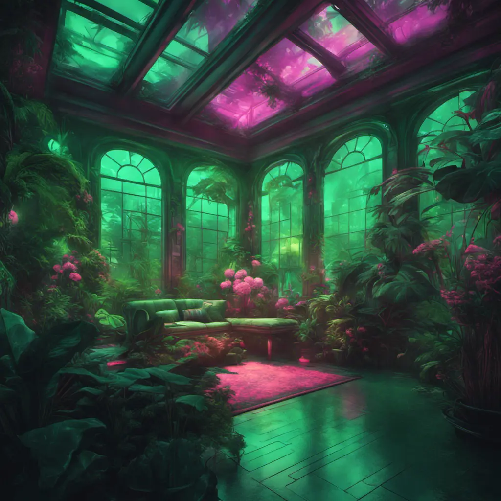 A beautiful render of a green city sunroom, galactic alien synthwave rainforest noir thermal imaging myst uv light, flowers, Highly Detailed, Cinematic Lighting, Neon, Concept Art