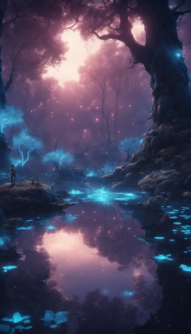 A magical pond in a fantasy forest with glowing blue trees at night, 4k, HQ, Intricate, Artstation, Cinematic Lighting, Photo Realistic, Sharp Focus, Unreal Engine, Dark