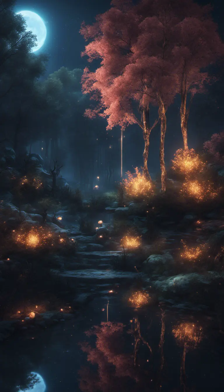 A magical pond in a fantasy forest with glowing trees at night, 4k, HQ, Intricate, Artstation, Cinematic Lighting, Photo Realistic, Sharp Focus, Unreal Engine, Dark
