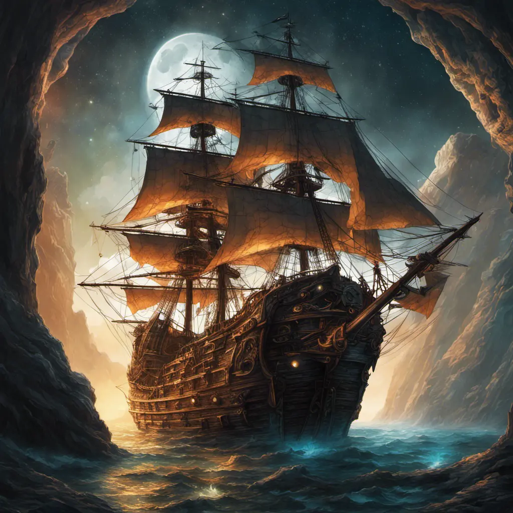 Pirate Ship, Intricate, Ultra Detailed, Symmetry, Beautiful, Sharp Focus, Astrophotography, Centered, Volumetric Lighting by Dan Mumford, Marc Simonetti