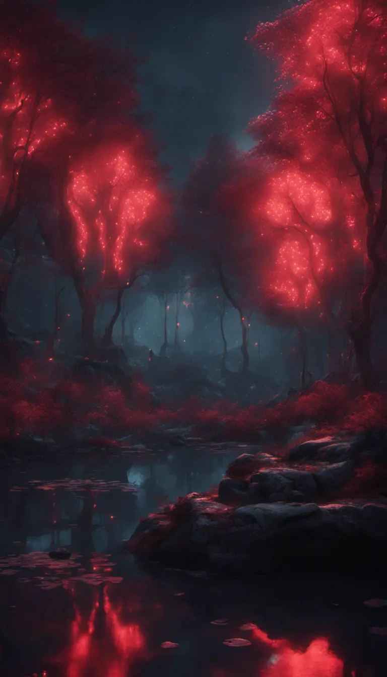 A magical pond in a fantasy forest with glowing red trees at night, 4k, HQ, Intricate, Artstation, Cinematic Lighting, Photo Realistic, Sharp Focus, Unreal Engine, Dark