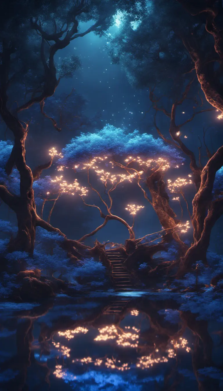 A magical pond in a fantasy forest with glowing blue trees at night, 4k, HQ, Intricate, Artstation, Cinematic Lighting, Photo Realistic, Sharp Focus, Unreal Engine, Dark