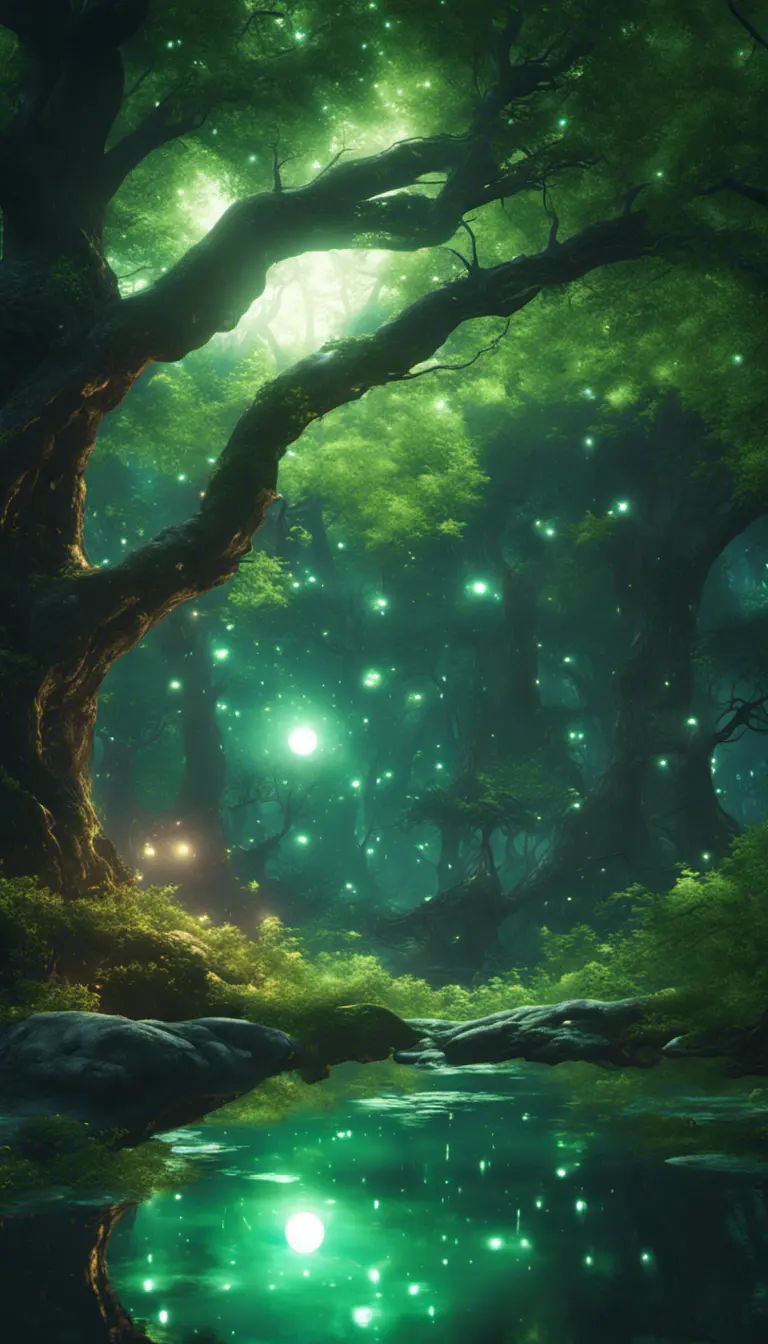 A magical pond in a fantasy forest with glowing green trees at night, 4k, HQ, Intricate, Artstation, Cinematic Lighting, Photo Realistic, Sharp Focus, Unreal Engine, Dark