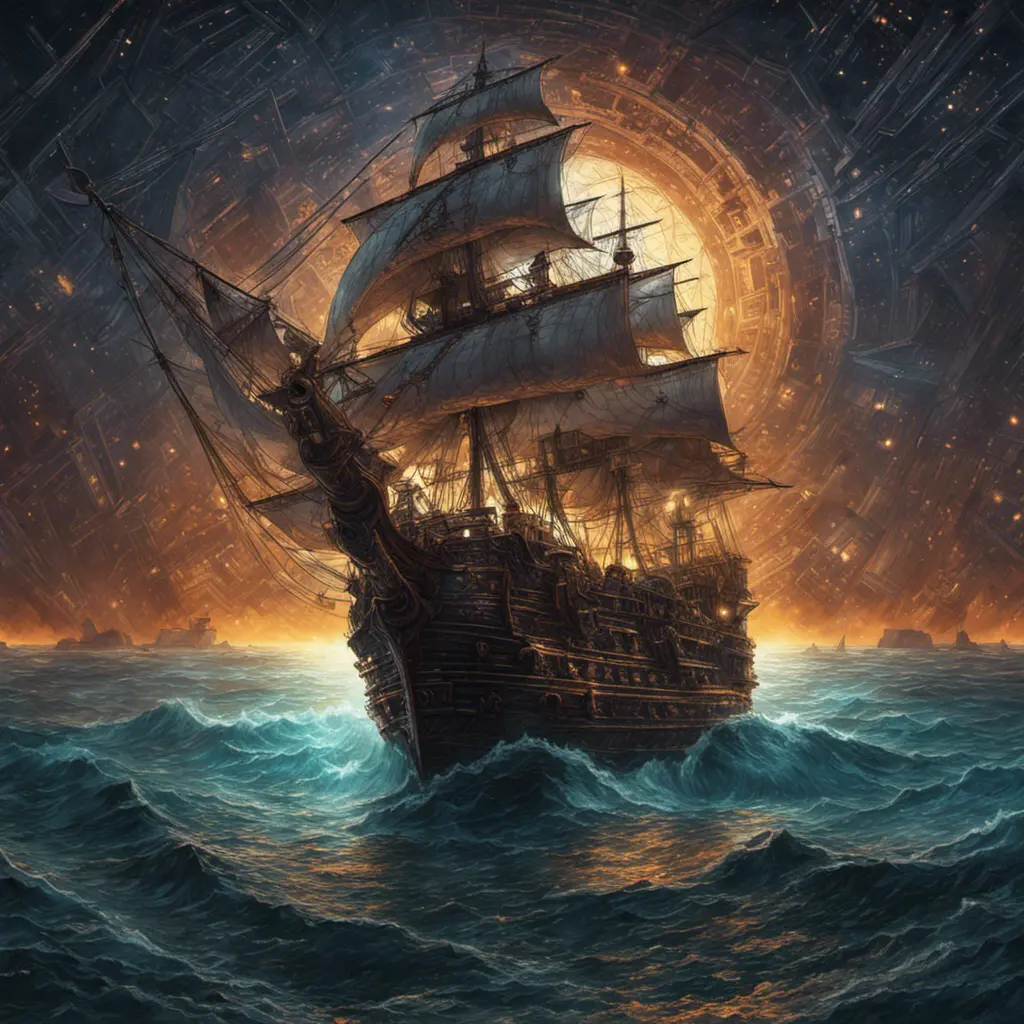 Pirate Ship, Intricate, Ultra Detailed, Symmetry, Beautiful, Sharp Focus, Astrophotography, Centered, Volumetric Lighting by Dan Mumford, Marc Simonetti