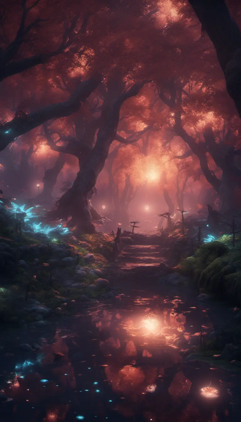 A magical pond in a fantasy forest with glowing trees at night, 4k, HQ, Intricate, Artstation, Cinematic Lighting, Photo Realistic, Sharp Focus, Unreal Engine, Dark