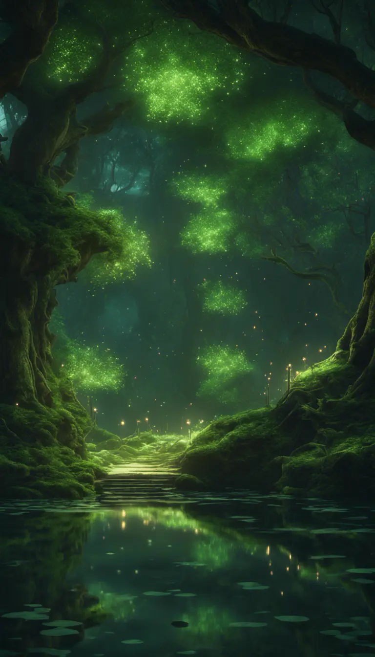 A magical pond in a fantasy forest with glowing green trees at night, 4k, HQ, Intricate, Artstation, Cinematic Lighting, Photo Realistic, Sharp Focus, Unreal Engine, Dark