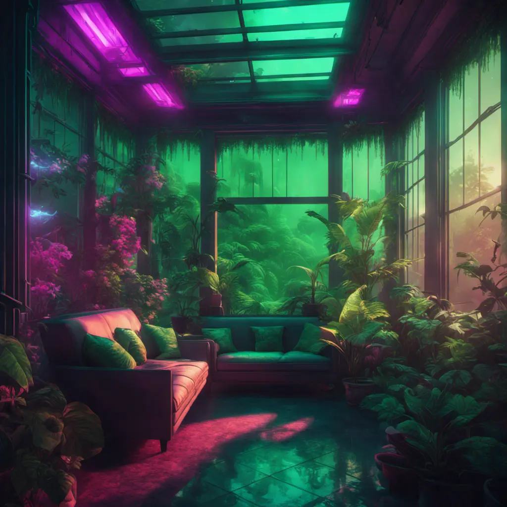 A beautiful render of a green city sunroom, galactic alien synthwave rainforest noir thermal imaging myst uv light, flowers, Highly Detailed, Cinematic Lighting, Neon, Concept Art