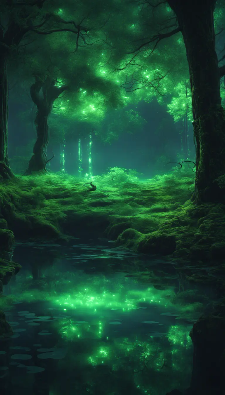 A magical pond in a fantasy forest with glowing green trees at night, 4k, HQ, Intricate, Artstation, Cinematic Lighting, Photo Realistic, Sharp Focus, Unreal Engine, Dark