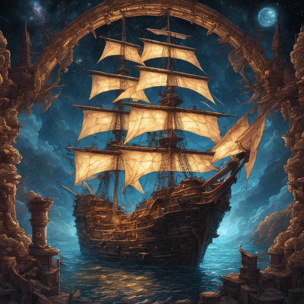 Pirate Ship, Intricate, Ultra Detailed, Symmetry, Beautiful, Sharp Focus, Astrophotography, Centered, Volumetric Lighting by Dan Mumford, Marc Simonetti