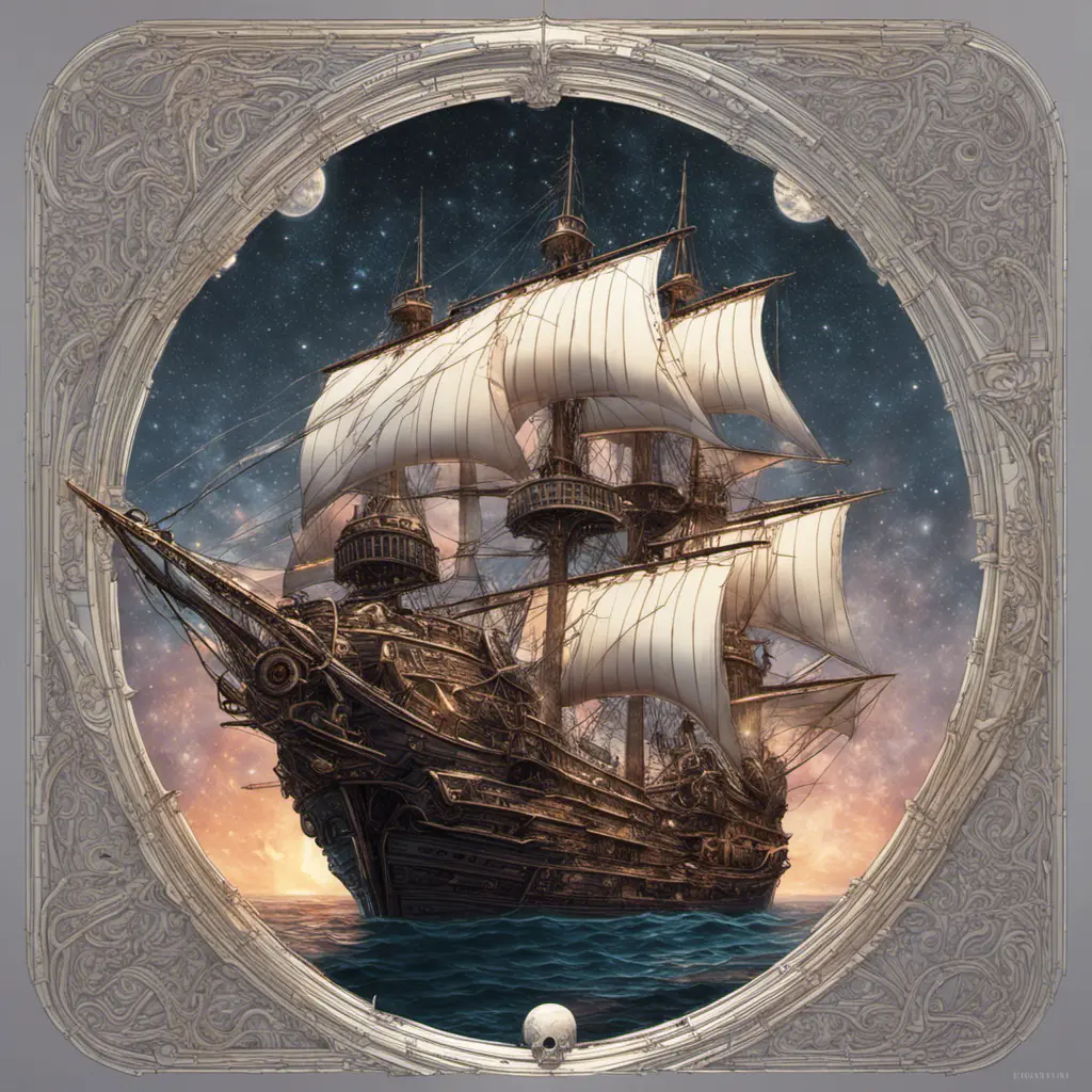 Pirate Ship, Intricate, Ultra Detailed, Symmetry, Beautiful, Sharp Focus, Astrophotography, Centered, Volumetric Lighting by Dan Mumford, Marc Simonetti